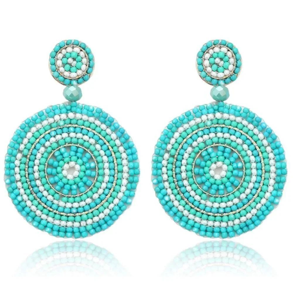 Blue and White Beaded Double Round Disc Boho Drop Statement Post Back Earrings